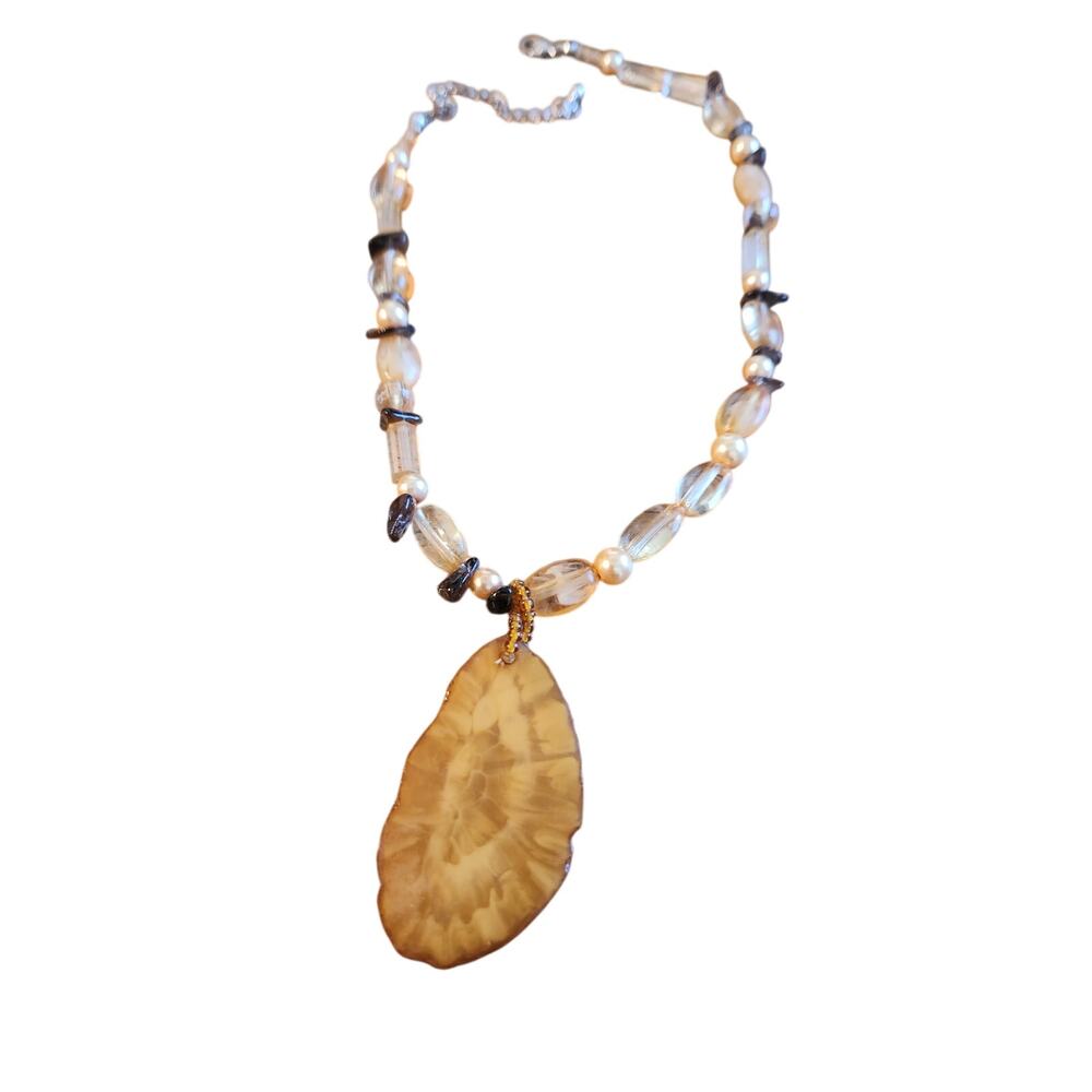 Boho Statement Necklace Amber Acrylic Pendant Beaded Earth Tone Natural Style